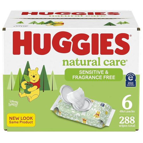 Baby Wipes, Huggies Natural Care Sensitive, UNSCENTED, Hypoallergenic, 6 Flip Top Packs, 288 count