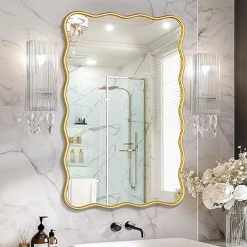 PROHOMEWARE 24 * 36" Gold Bathroom Mirror for Wall,Wavy Rectangular Mirror,Vanity Mirror,Bathroom Mirrors for Wall,Wall-Mounted Metal Frame Mirror for Bedroom Entryway Living Room Farmhouse (Gold)