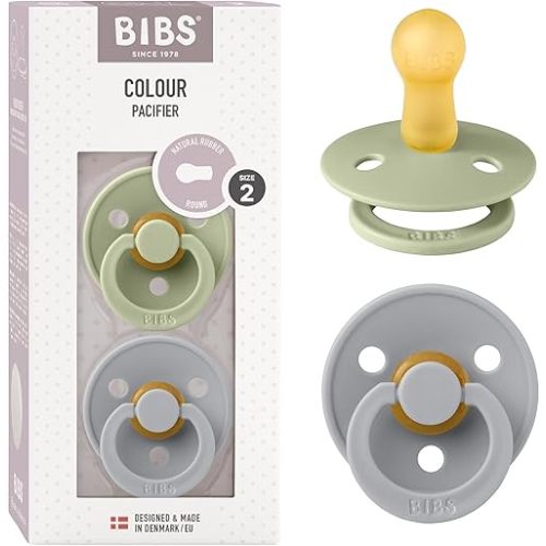 BIBS Pacifiers Colour Collection | Natural Rubber Baby Pacifier | Round Nipple | Set of 2 BPA-Free Soothers | Made in Denmark | 6+ Months (Pack of 2) | Sage/Cloud