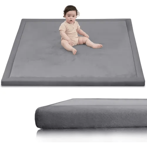 Ultra Soft Baby Play Mat for Floor,1.3" Thick Elasti-Foam 50x50 Playpen Mat for Toddlers Infant kids,Water-Repellent Coral Velvet for Tummy Time,Non-Slip Backing Safe for Crawling,Tatami Style (Dark Grey)