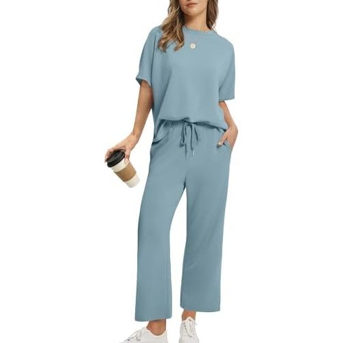 SAMPEEL Two Piece Sets for Women Summer Outfits Oversized Wide Leg Crop Pants Lounge Sets Airport Beach Vacation Clothes