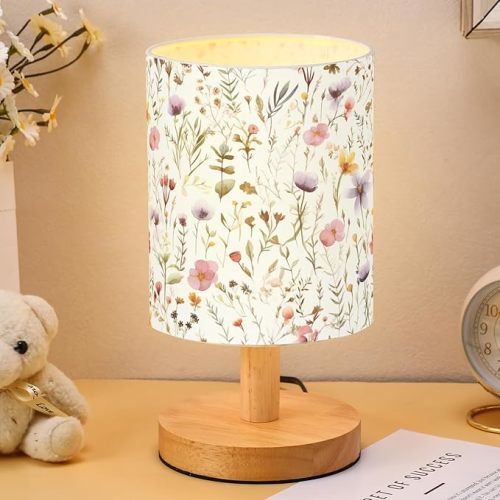 VIHOSE Kids Table Lamp for Bedroom Kids Bedside Lamp with Linen Wooden Nightstand Cartoon Nursery Lampshade for Girls Boys Living Room(Wildflower)