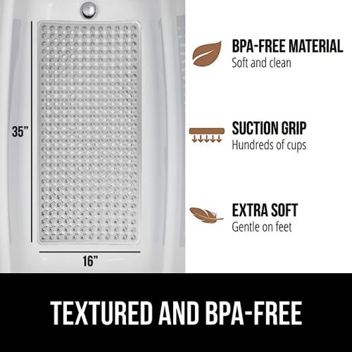 GORILLA GRIP Patented Bath Tub Shower Mat, 35x16 Washable Bathtub Floor Mats, Suction Cups and Drain Holes to Keep Tubs Clean, Gray
