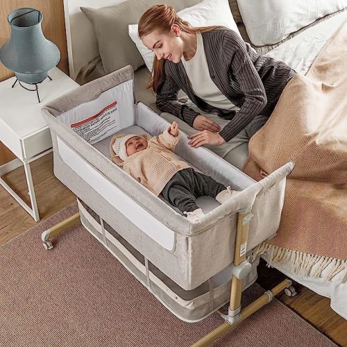 Baby Bassinet Bedside Sleeper, besrey Bedside Bassinet for Newborn Infant with Comfy Mattress, 9 Height Positions, Adjustable Bedside Crib with 360° Swivel Wheels Bassinet for Baby with Storage Basket - Warm Grey