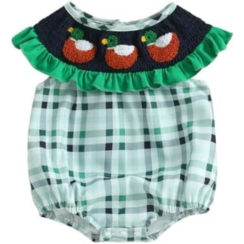 Baby Girl Summer Clothes 0 3 6 12 18 Months Romper Hunting Outfit Mallard Embroidery Plaid Bodysuit Newborn Outfits