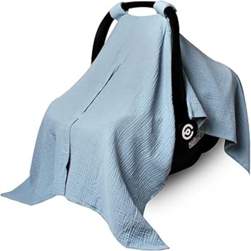 Muslin Car Seat Cover for Babies, Baby Carseat Cover for Boys Girls, Breathable Infant Car Seat Canopy, Multiuse Baby Carrier Cover & Nursing Breastfeeding Cover(Blue)