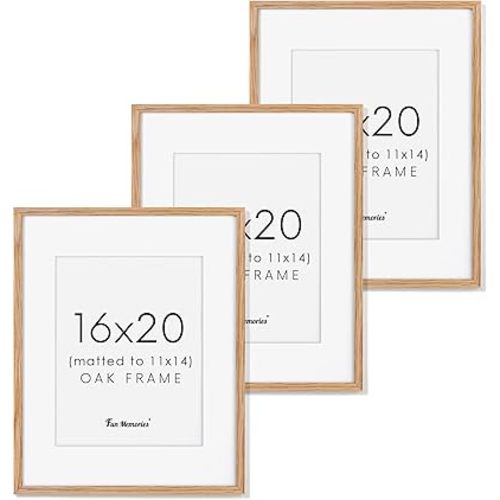 16x20 Picture Frames, Solid Oak Wood Frame 16"x20", 16x20 Frame Matted to 11x14, 16 x 20 Wood Frame with Real Glass, 16x20 Poster Frames for Wall (Beige Oak Color, 3 Pack)