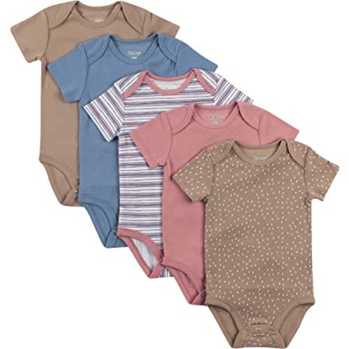 Hanes Baby Bodysuits, Ultimate Flexy Short Sleeve for Boys & Girls, 5-Pack Size: 6-12 months Color: Dusty Tan/Blue/Pink