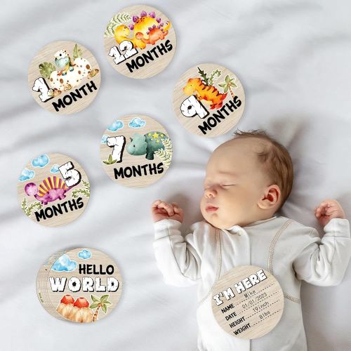 Dinosaur Baby Monthly Milestone Circles, Baby Months Wooden Disc Stuff for Baby Photo Takens with Hello World Name Signs - 7Pcs Double Sides Round Circles Signs for Documenting Growth