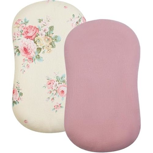 Baby Lounger Cover, Muslin Baby Nest Cover 2 Pack, 100% Cotton Newborn Lounger Cover, Infant Lounger Cover, Breathable Adjustable Slipcover for Boys Girls, Covers Only (Pink+Rose)