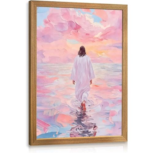 Clicyre Jesus Walking on Water Christian Wall Art, Pink Sunset Faith Canvas Print, Inspirational Religious Wall Decor for Bedroom Living Room Prayer Room Hallway Wood Framed 16x24 Inch
