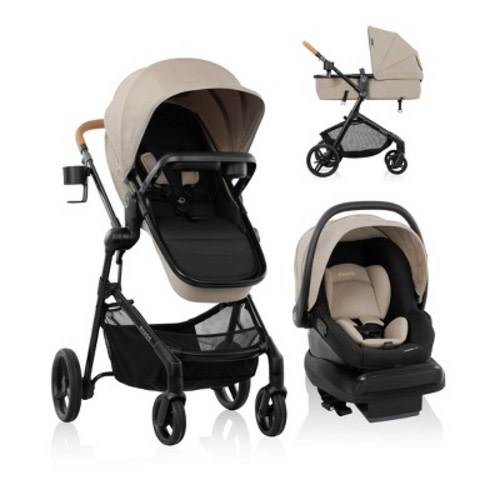 Evenflo Pivot Travel System with LiteMax NXT Infant Car Seat - Latte Tan: Bassinet Reclining Seat, Canopy, LATCH Compatible, EVA Tire Type