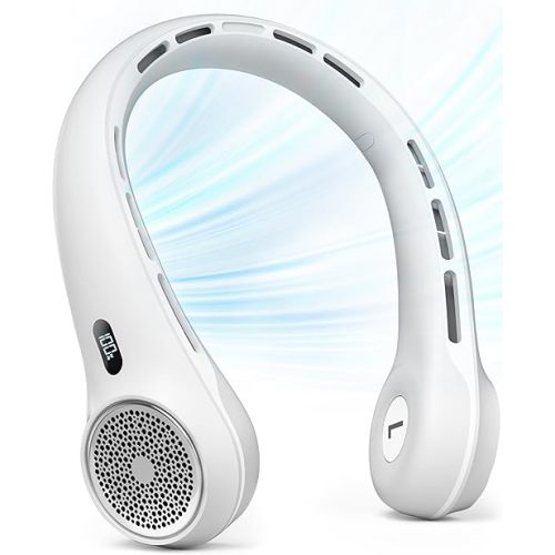Neck Fan with 4000mAh Rechargeable Battery & LED Display, Portable Personal Cooler for Women/Men, 3-Speed Bladeless 360° Cooling Fans, Stylish Gift for Gym/Travel/Office, White