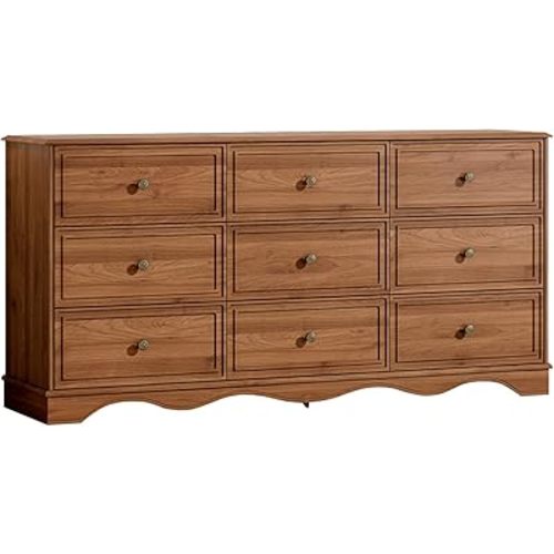 9 Drawer Dresser,63" Wide Mid Century Chest of Drawers,Wooden Bedroom Drawer Dresser with 9 Storage Drawers for Bedroom,Living Room,with Anti-Tipping Device,Umber.