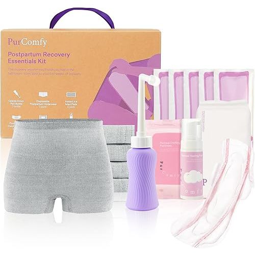 Postpartum Essentials Recovery Kit, Includes Disposable Underwear, Perineal Healing Pad Liners, Perineal Healing Foam, Instant Ice Pads, Upside Down Peri Bottle and Postpartum Pads - 18 Pcs