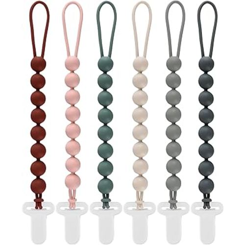 6-Pack Silicone Pacifier Clips for Babies, Safe Teething Beads, Rust-Free Holders, Baby Boy and Girl Essentials, Newborn Must-Have Accessories, BPA-Free