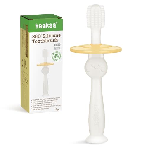 haakaa 360° Baby Toothbrush with Suction Base - Gentle Cleaning for Infant Self-Brushing Training, Food-Grade Silicone, Adjustable Safety Shield - Translucent (1 Piece)