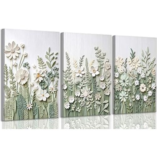 3 Pcs Sage Green Wildflowers Canvas Wall Art Neutral Minimalist Abstract Boho Floral Botanical Painting Pictures Wall Decor Poster Print Artwork for Living Room Bedroom Home Decoration