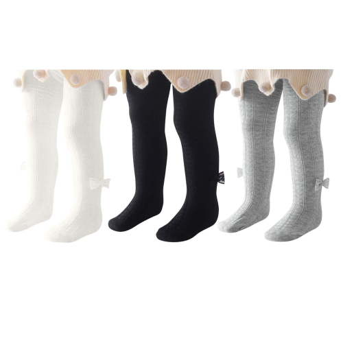 Zando 3 Pairs Cotton Toddler Baby Tights for Girls Bow Infant Tights Knit Footed Pantyhose for Kids Bow Black White Gray 0-6 Months