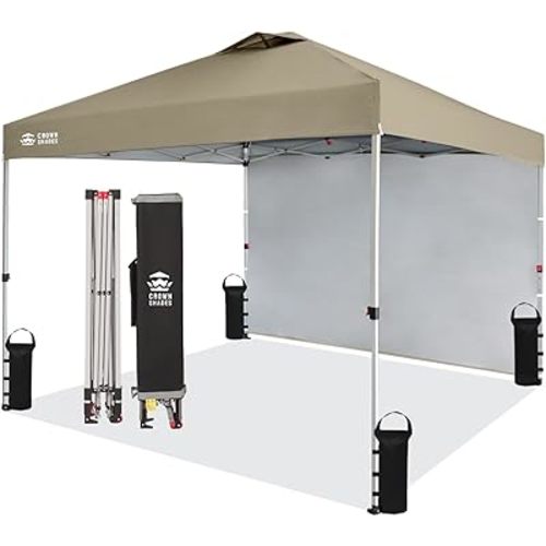 CROWN SHADES 10x10 Pop Up Canopy with 1 Side Wall - Beach Tent with One Push Setup - Outdoor Sun Shade for Events, Parties, Camping - Gazebo with STO-N-Go Cover Bag (Beige)