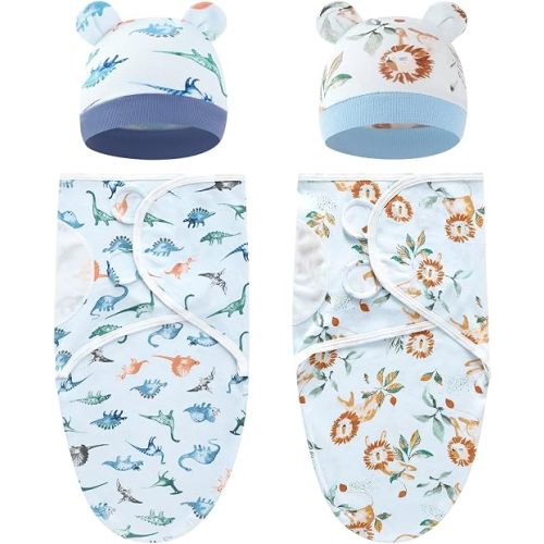Dizila 2 Sets Adjustable Soft Cotton Blend Receiving Swaddle Blankets Sleep Sacks with Matching Nursery Hats Caps Beanies Bonnets for Newborns Infants Baby Girls Boys (Multicolor S9)