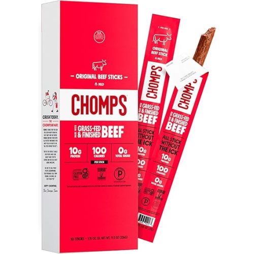 Chomps Grass-Fed and Finished Original Beef Jerky Snack Sticks 10-Pack - Keto, Paleo, Whole30, 10g Lean Meat Protein, Gluten-Free, Zero Sugar Food, Non-GMO