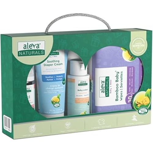 Aleva Naturals Newborn Starter Kit for Baby - Set of Wipes, 2 in 1 Shampoo & Body Wash, Soothing Diaper Cream, Baby Lotion- Toxin Free, Vegan, Sensitive Skin Friendly - 4 Piece Travel Set