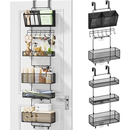 HapiRm Over Door Organizer Hanging - 6 Tier Over The Door Storage with Visual Pockets & Hooks, with 4 Metal Large Capacity Baskets for Bathroom Bedroom Kitchen Pantry Cabinet
