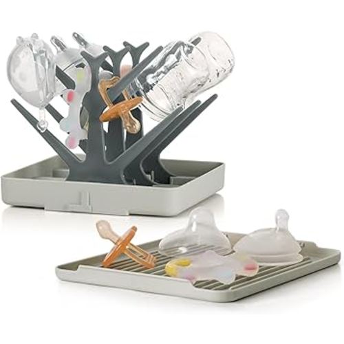 haakaa Portable Baby Bottle Drying Rack with Tray, Space Saving Bottle Drying Tree for Bottles/Pump Parts/Pacifiers,Easy-Store Dryer Rack Great for Home & Travel, BPA Free (Grey)