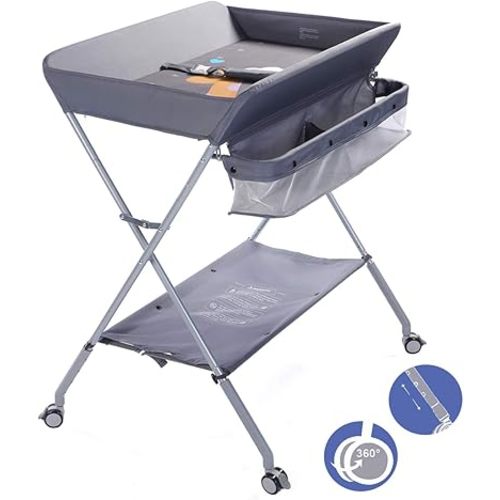 Baby Changing Table Portable Folding Diaper Changing Station with Wheels, Adjustable Height Mobile Nursery Organizer with Safety Belt and Large Storage Racks for Newborn Baby and Infant, Gray