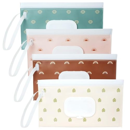 4 Pack Wipes Dispenser, ON The GO, Seposeve Portable Baby Wipe Case, Refillable Baby Wipes Container, Wipe Holder, Keeps Wipes Fresh, Reusable Wet Wipe Pouch for Outdoor Outing, Camping, Hiking.