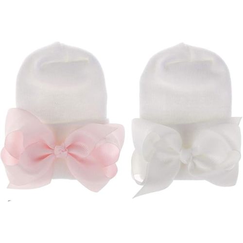 Aijian Newborn Hospital Hat Infant Baby Hat Solid Color Doughnut Hat (2 Pack Bow Ribbon / 0-3 Month, 0-3 Month)