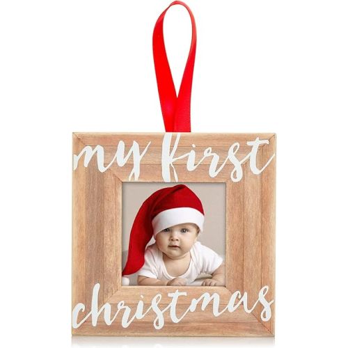 Pearhead Baby’s First Christmas Wooden Picture Frame Ornament, Newborn Milestone Keepsake Photo, Holiday Gift For New and Expecting Parents, Rustic My First Christmas Ornament