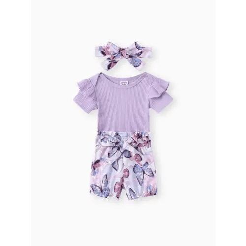 3pcs Baby Girl Ribbed Romper & Belted Shorts & Headband Set