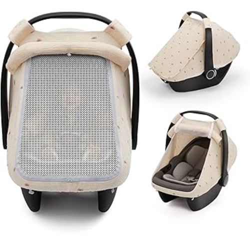 Blissful Diary Baby Car Seat Cover, Extra Large Mesh Window, Breathable Muslin Cotton, Infant Windproof Canopy, Must-Have Baby Gift - Sunshine