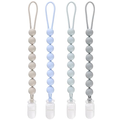 4-Pack Silicone Pacifier Clips for Baby Boys and Girls - with One-Piece Beads, Flexible and Rust-Free Holders for Teething Relief and Baby Essentials - Safe for Newborns (Grey)