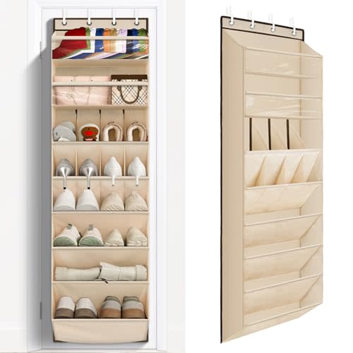FENTEC 1 Pack Over The Door Shoe Organizer, 68" Exlarge Deep Pockets Hanging Shoe Organizers, 8-Tier Shoe Rack for Closet, Shoe Holder for Boots,Over Door Organizer in Home, RV, Dorm, Beige
