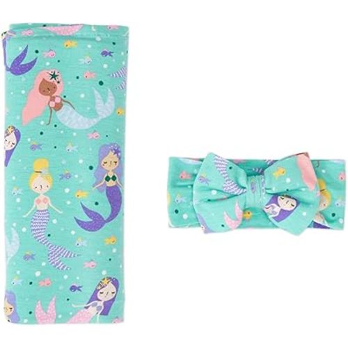 Little Sleepies Swaddle & Headband Bow Set, Viscose from Bamboo Baby Swaddles, Newborn Baby Girl Clothes (Luxe Mermaid Magic)