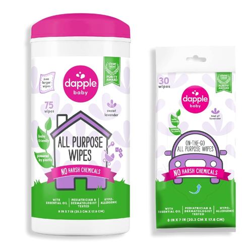 All Purpose Wipes by Dapple Baby, Plant Based & Hypoallergenic Cleaning Wipes, Hint of Lavender, 75 Count Canister + 30 Count (Pack of 1)