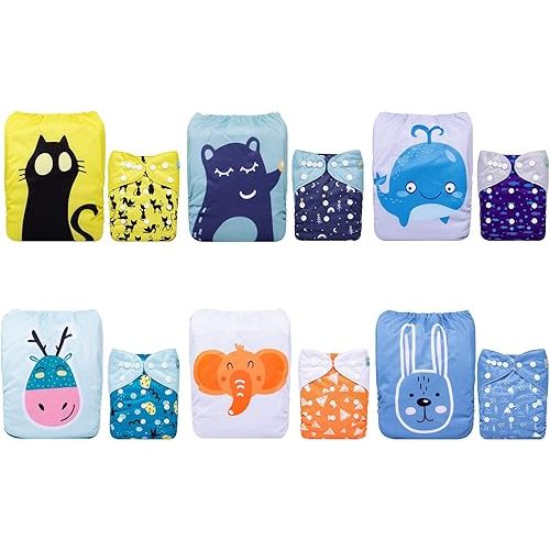 ALVABABY Cloth Diaper One Size Adjustable Washable Reusable for Baby Girls and Boys 6 Pack with 12 Inserts (Unisex Color 04)