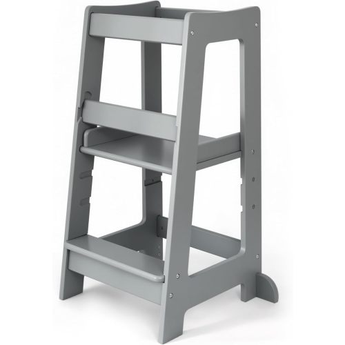 Toddler Tower 3-Level Adjustable Wooden Toddler Step Stool Gray | Toddler Standing Tower with 3 Height Levels, Fits under Counter, Comes with Child-safe Knife & Chopping Board, for 18M - 4Y
