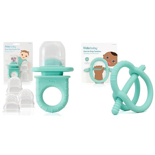 Frida Baby Push Pop Feeder, Baby Fruit Feeder + Get-A-Grip Teether Teething Toy | 100% Food-Grade Silicone Food Pacifier & Teether Toy for Baby 0-6, 12, 18 Months Infant, (Teal) - Feeder + Teether Bundle
