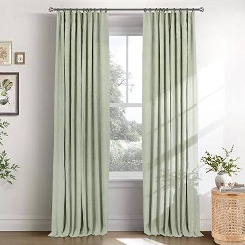 INOVADAY 100% Blackout Curtains for Bedroom, Sage Black Out Curtains 96 Inch Long, Clip Rings Linen Blackout Drapes, Thermal Insulated Room Darkening for Living Room, 2 Panels - W50xL96