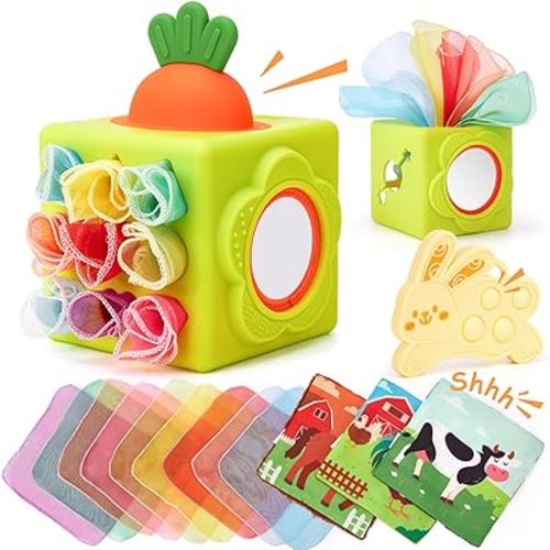 hahaland Baby Tissue Box Toy - Silicone Baby Toys 6-12 Months Montessori Toys for 6 Month Old, 6-in-1 Soft Busy Activity Cube with Scarves, Crinkle, Textures, Mirror, Sensory Popper, Stocking Stuffers