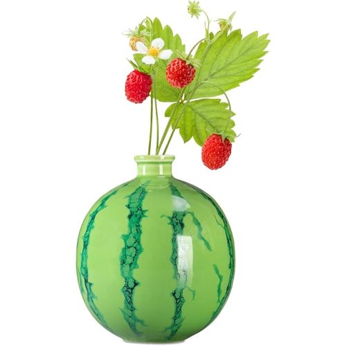 Vintage Ceramic Vase, Small Vase with Unique Watermelon Decor, Flower Vase for Home Decor, Funky Round Vase, Decorative Jar for Modern Farmhouse, Living Room, Centerpieces, Table Shelf Decor