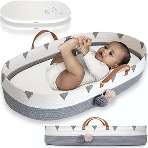Vesta Baby Woven Cotton Rope Moses Changing Basket Set - Unisex Nursery Dresser Table Topper with Thick Soft Foam Pad & 2 Natural Bamboo Waterproof Covers for Babies Easy Diaper Change - Neutral Boho Grey & Beige Decor
