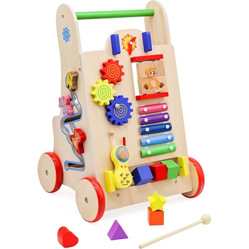 Baby Push Walker - Wooden Toys Activity Center for Toddler - Sit to Stand Walking Toy for Babies Learning to Walk - Walk Behind Cart for Little Kids 18 Months Boys and Girls (Natural Wood)