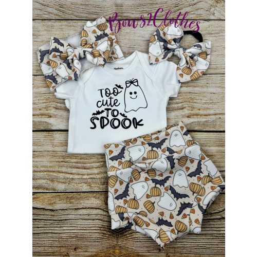 Too Cute to Spook/ Ghost High Waisted Bummies/ Baby Girl High Waisted Shorts/ Bummies and Headwrap Bow Set