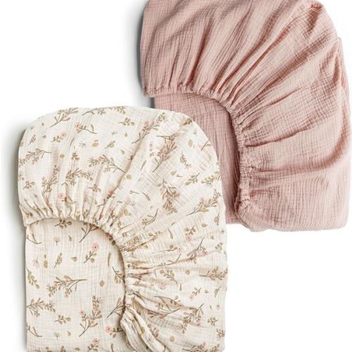 Konssy Muslin Crib Sheets for Girl Boy, 2 PCS Soft and Breathable Cotton Baby Sheets for Standard Crib Mattress, 52"x 28" (Floral, Pink)
