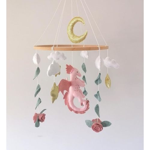 Dragon Baby Mobile For Girl Nursery,Gold Star Moon Crib Mobile,Personalized Name Baby Mobile,Baby Shower Gift,Fantasy Dragon Baby Mobile, Flower Mobile